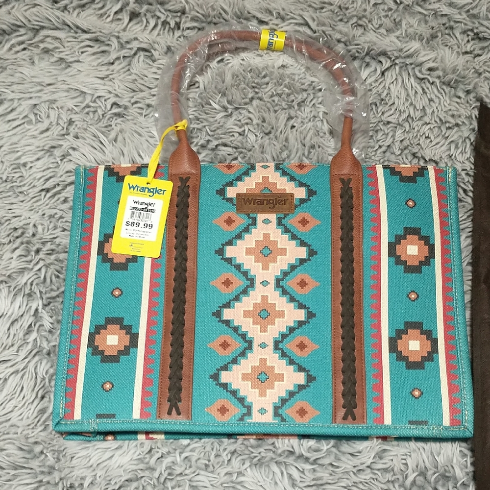 Wrangler Turquoise Aztec-Pattern Large Tote with Brown Trim